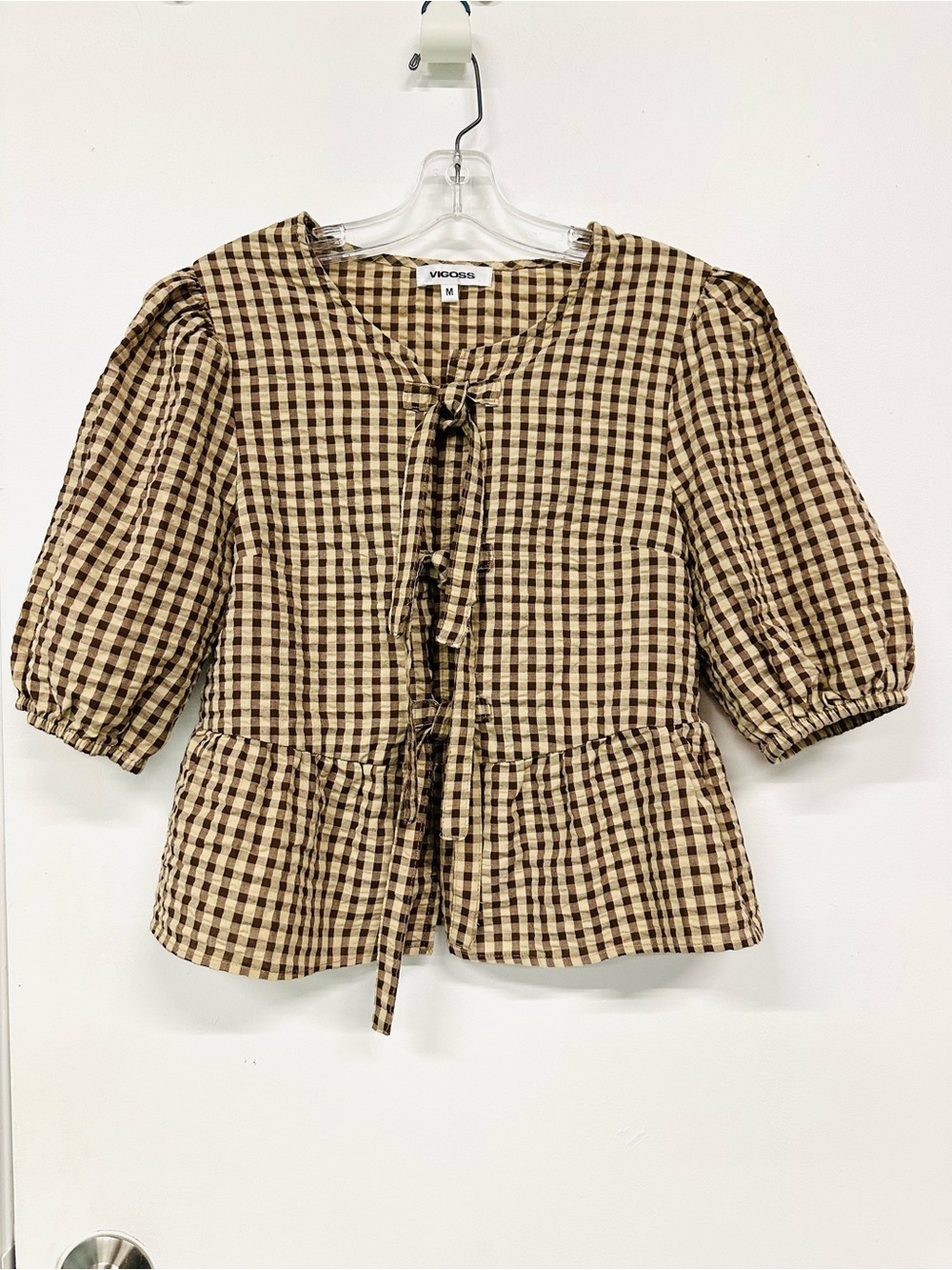 Vigoss Copenhagen Gingham Puff Sleeve Tie Front Peplum Blouse Brown Cream M